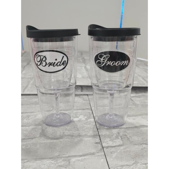 Set of 24oz Bride‎ Groom Tervis Wedding Clear Tumblers Black White Wine Goblets - Picture 1 of 6